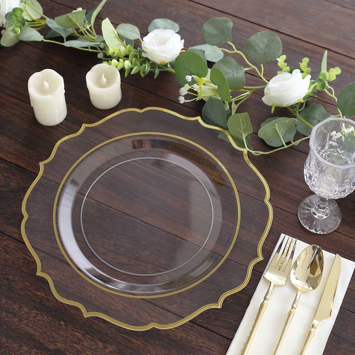 10 Pack Clear Economy Plastic Charger Plates With Gold Scalloped Rim, 13" Round Decorative Dinner Chargers Event Tabletop Decor