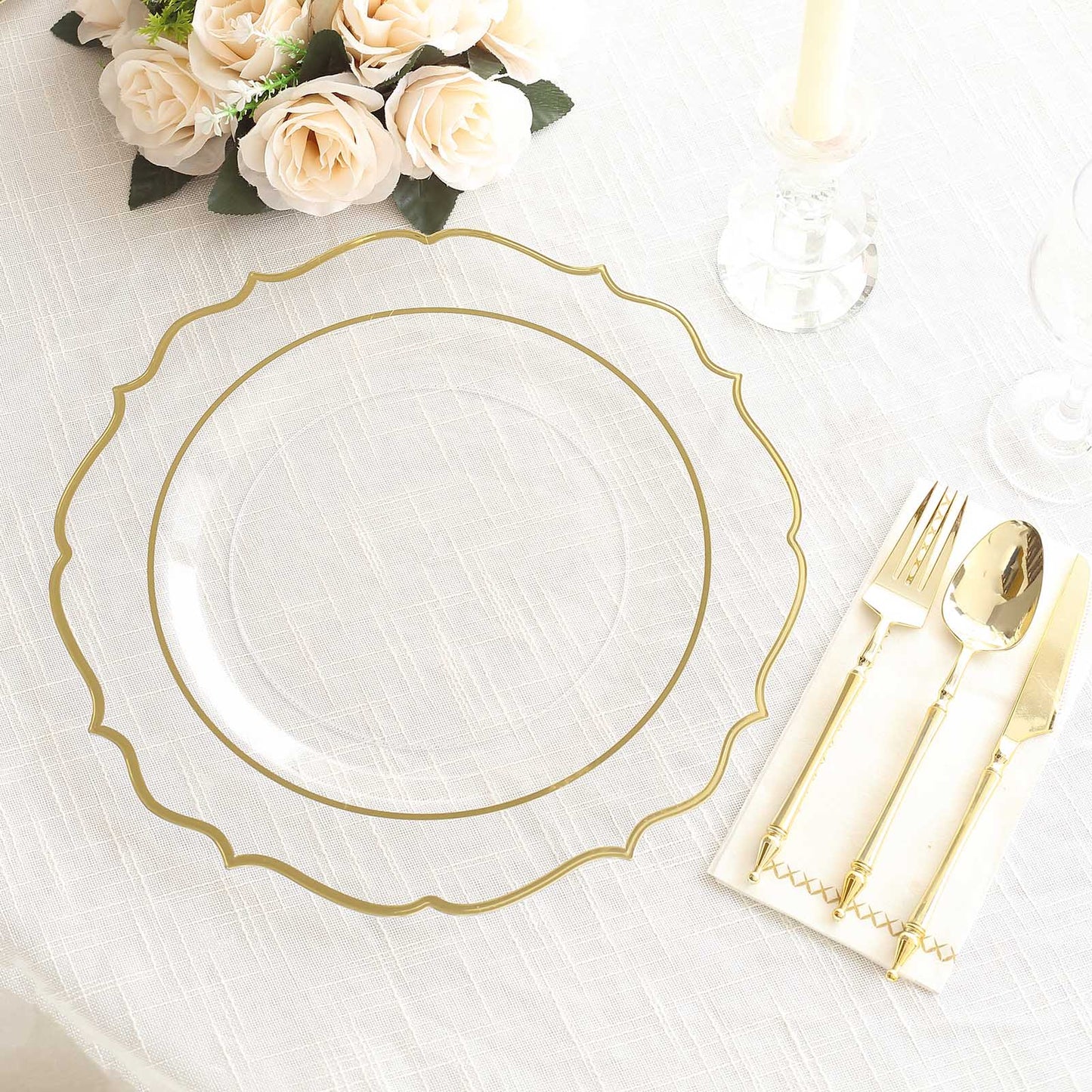 10 Pack Clear Economy Plastic Charger Plates With Gold Scalloped Rim, 13" Round Decorative Dinner Chargers Event Tabletop Decor