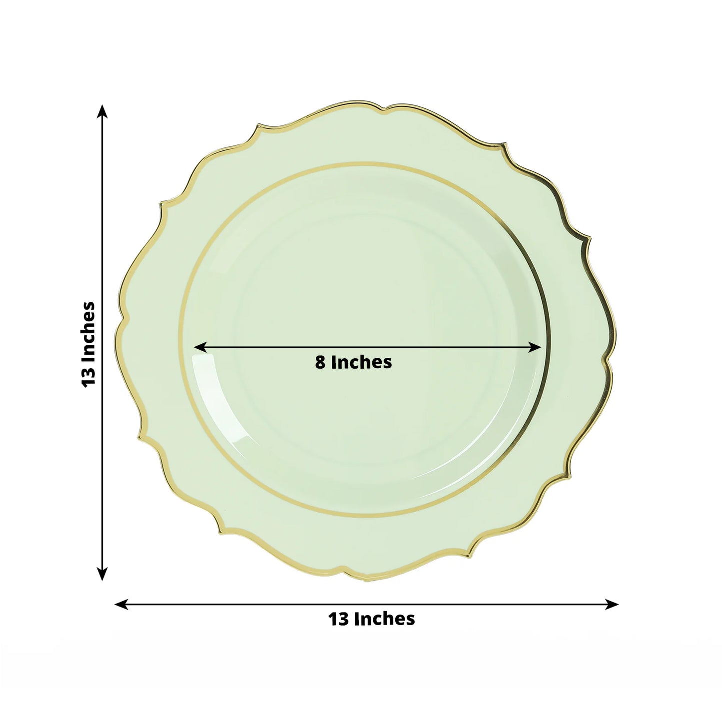 10 Pack Sage Green Economy Plastic Charger Plates With Gold Scalloped Rim, 13" Round Decorative Dinner Chargers Event Tabletop Decor