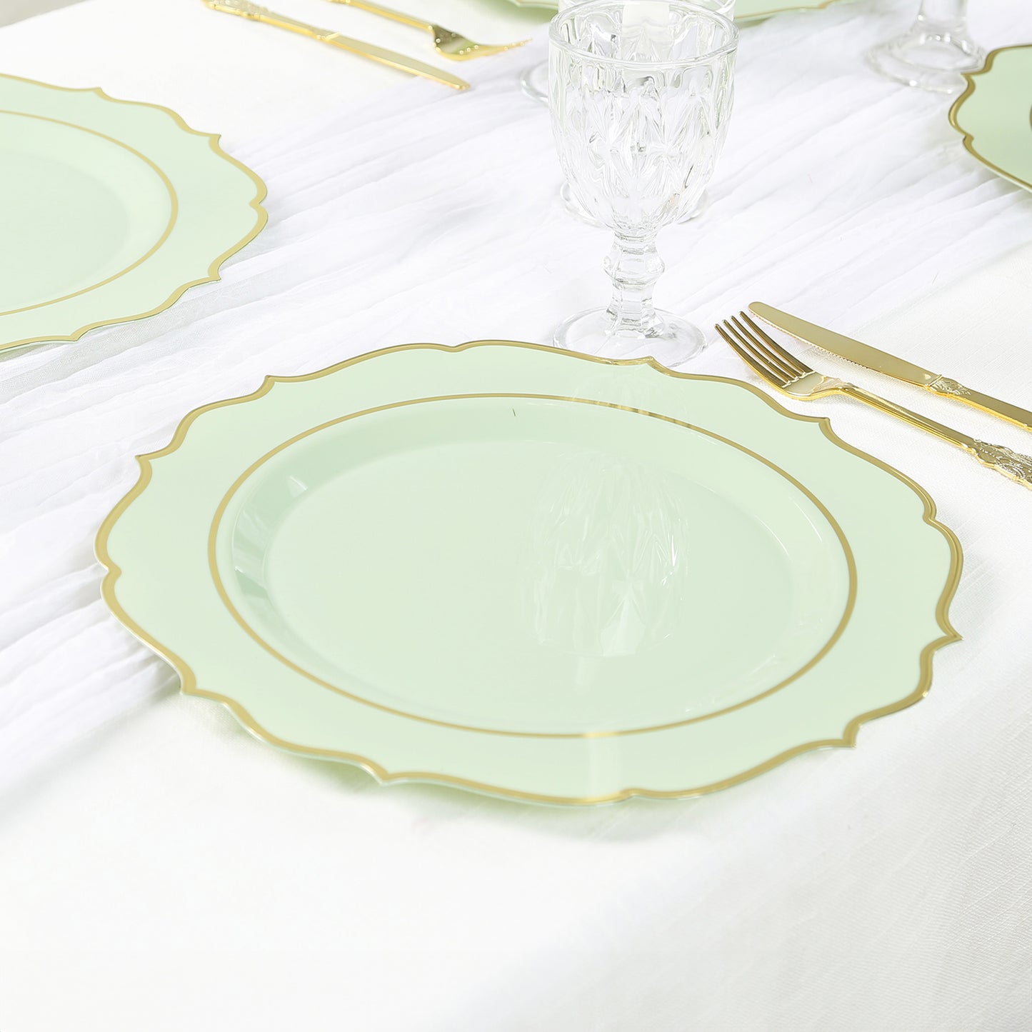 10 Pack Sage Green Economy Plastic Charger Plates With Gold Scalloped Rim, 13" Round Decorative Dinner Chargers Event Tabletop Decor