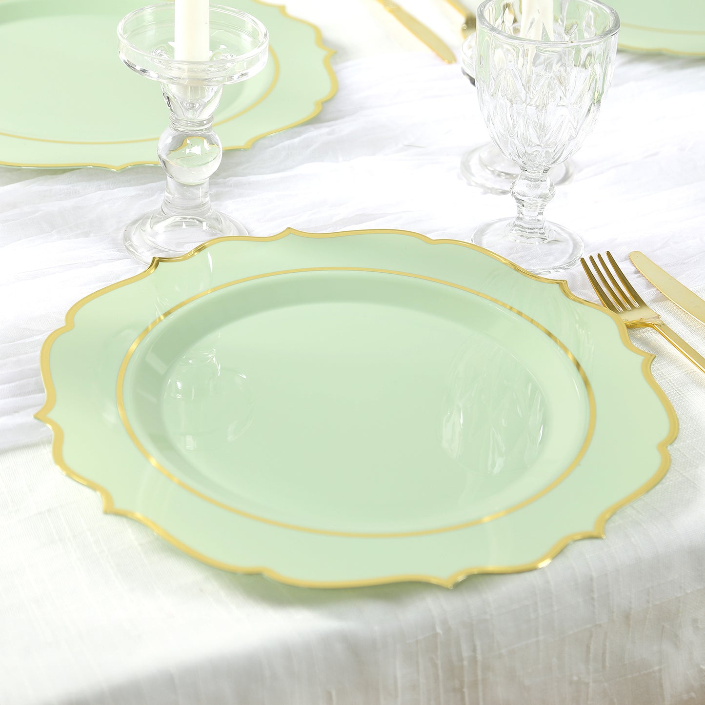 10 Pack Sage Green Economy Plastic Charger Plates With Gold Scalloped Rim, 13" Round Decorative Dinner Chargers Event Tabletop Decor