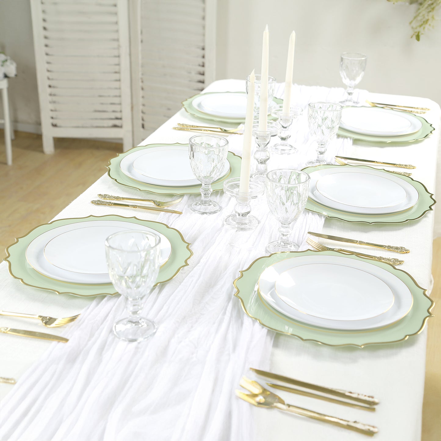 10 Pack Sage Green Economy Plastic Charger Plates With Gold Scalloped Rim, 13" Round Decorative Dinner Chargers Event Tabletop Decor