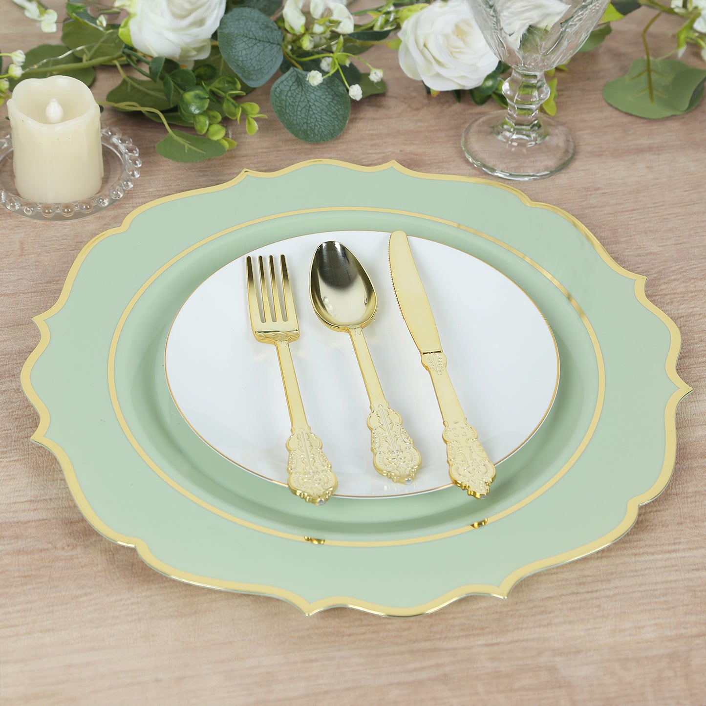 10 Pack Sage Green Economy Plastic Charger Plates With Gold Scalloped Rim, 13" Round Decorative Dinner Chargers Event Tabletop Decor