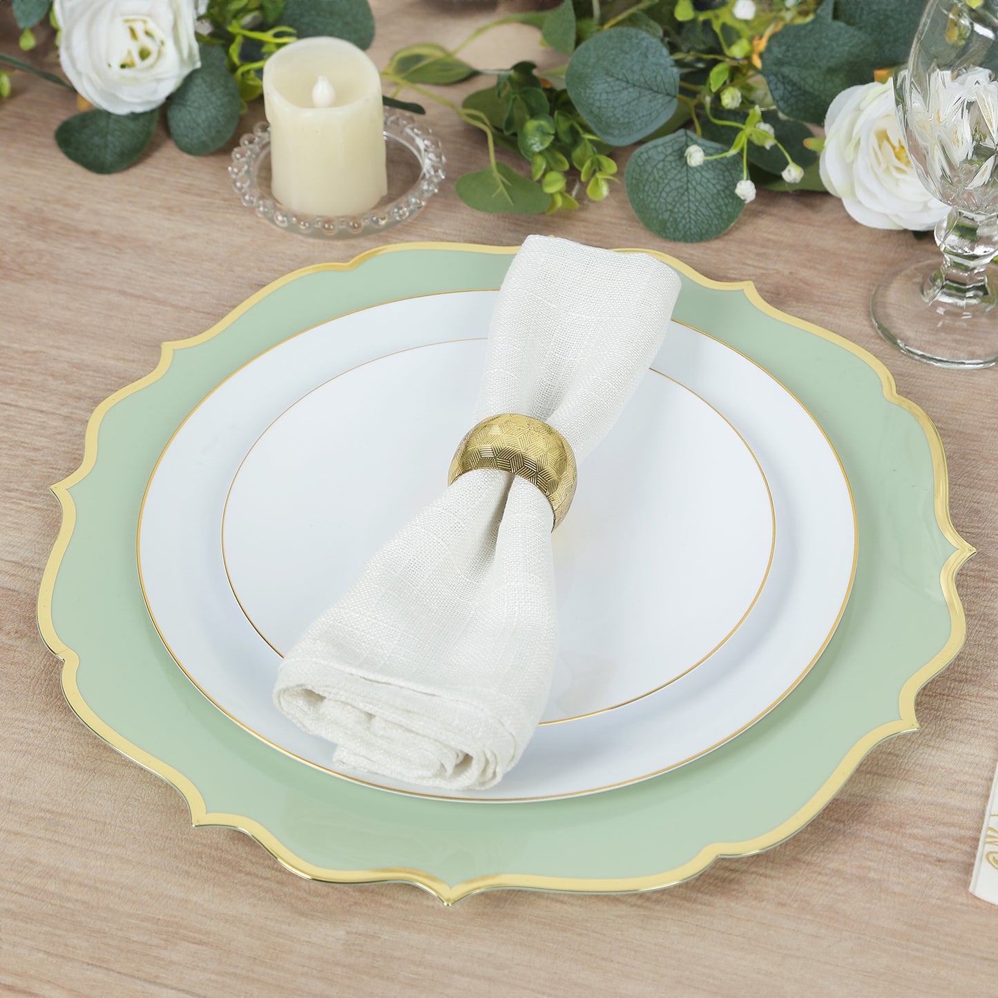 10 Pack Sage Green Economy Plastic Charger Plates With Gold Scalloped Rim, 13" Round Decorative Dinner Chargers Event Tabletop Decor