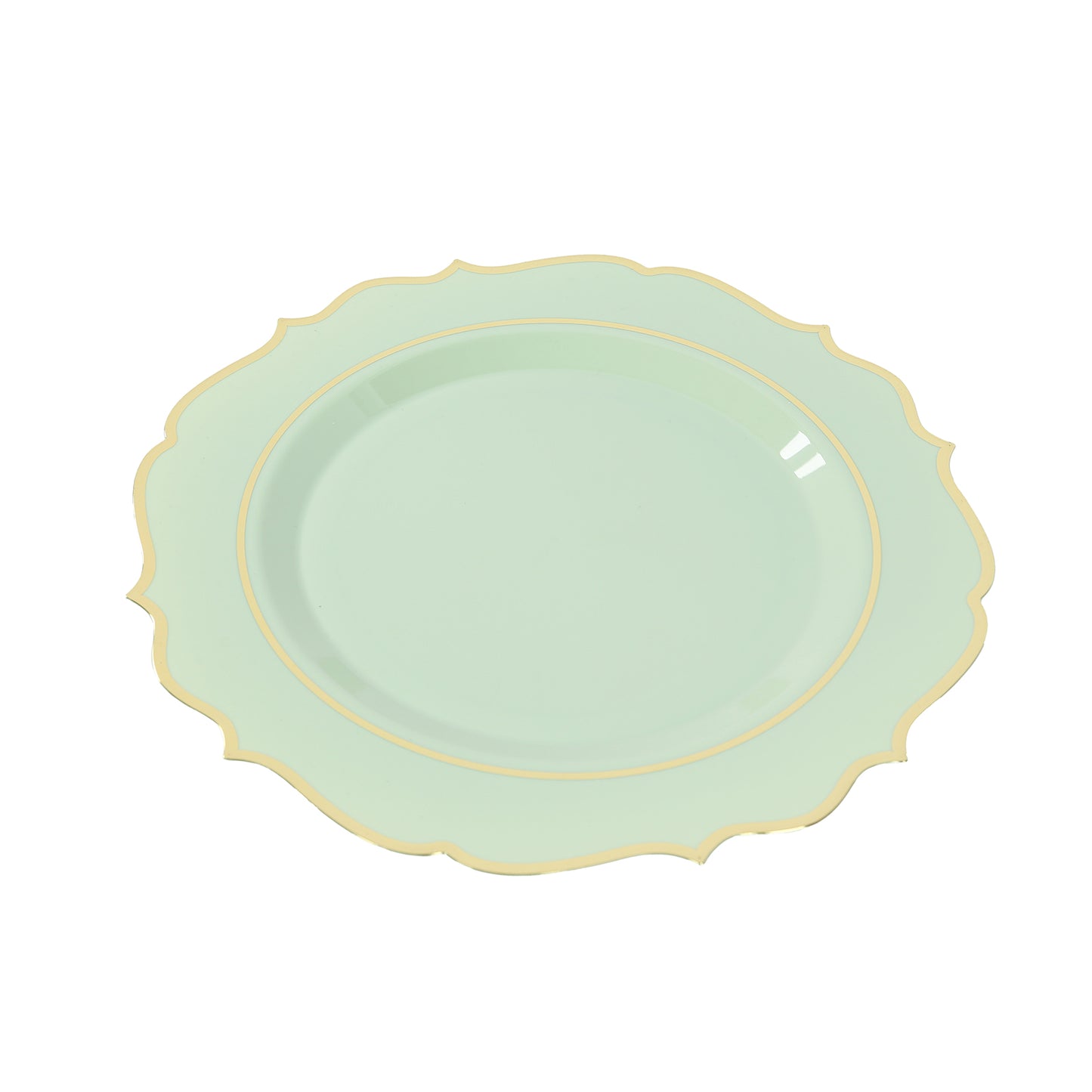 10 Pack Sage Green Economy Plastic Charger Plates With Gold Scalloped Rim, 13" Round Decorative Dinner Chargers Event Tabletop Decor