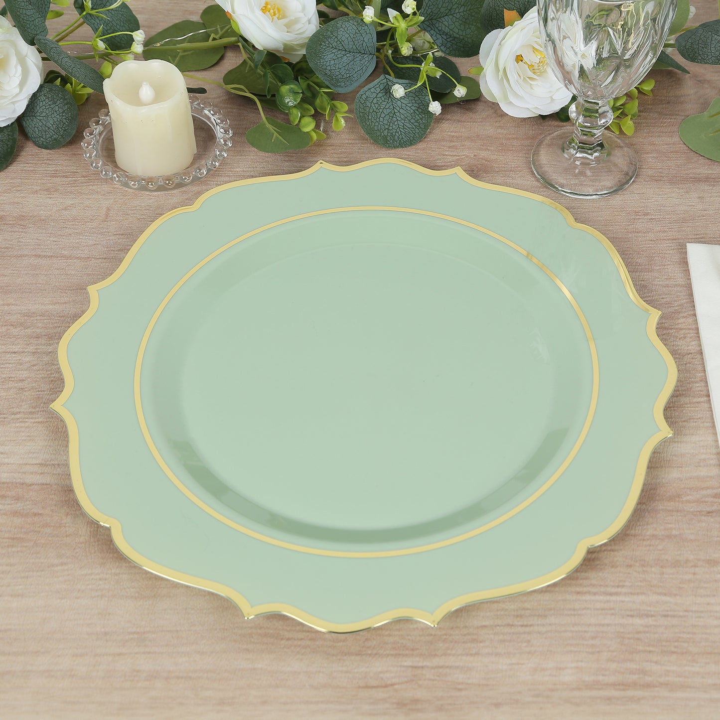 10 Pack Sage Green Economy Plastic Charger Plates With Gold Scalloped Rim, 13" Round Decorative Dinner Chargers Event Tabletop Decor