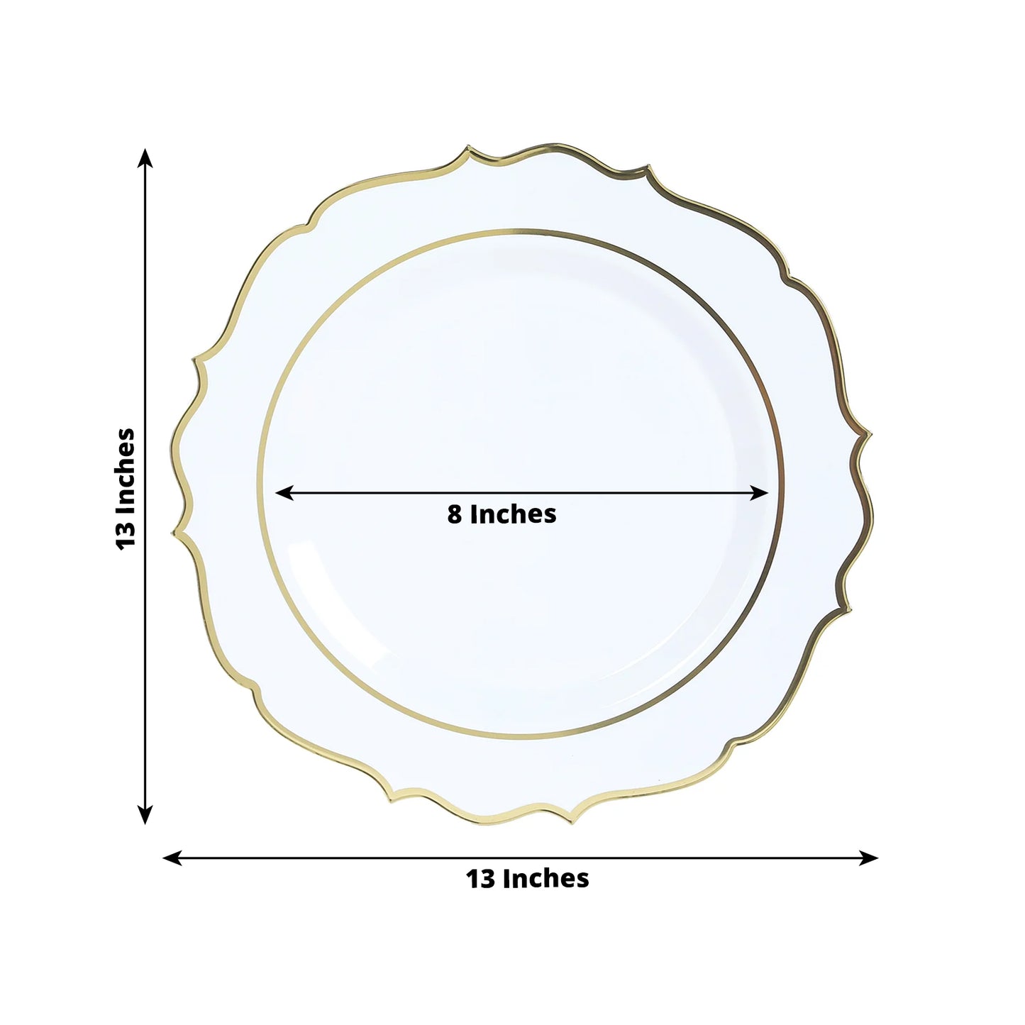 10 Pack White Economy Plastic Charger Plates With Gold Scalloped Rim, 13" Round Decorative Dinner Chargers Event Tabletop Decor