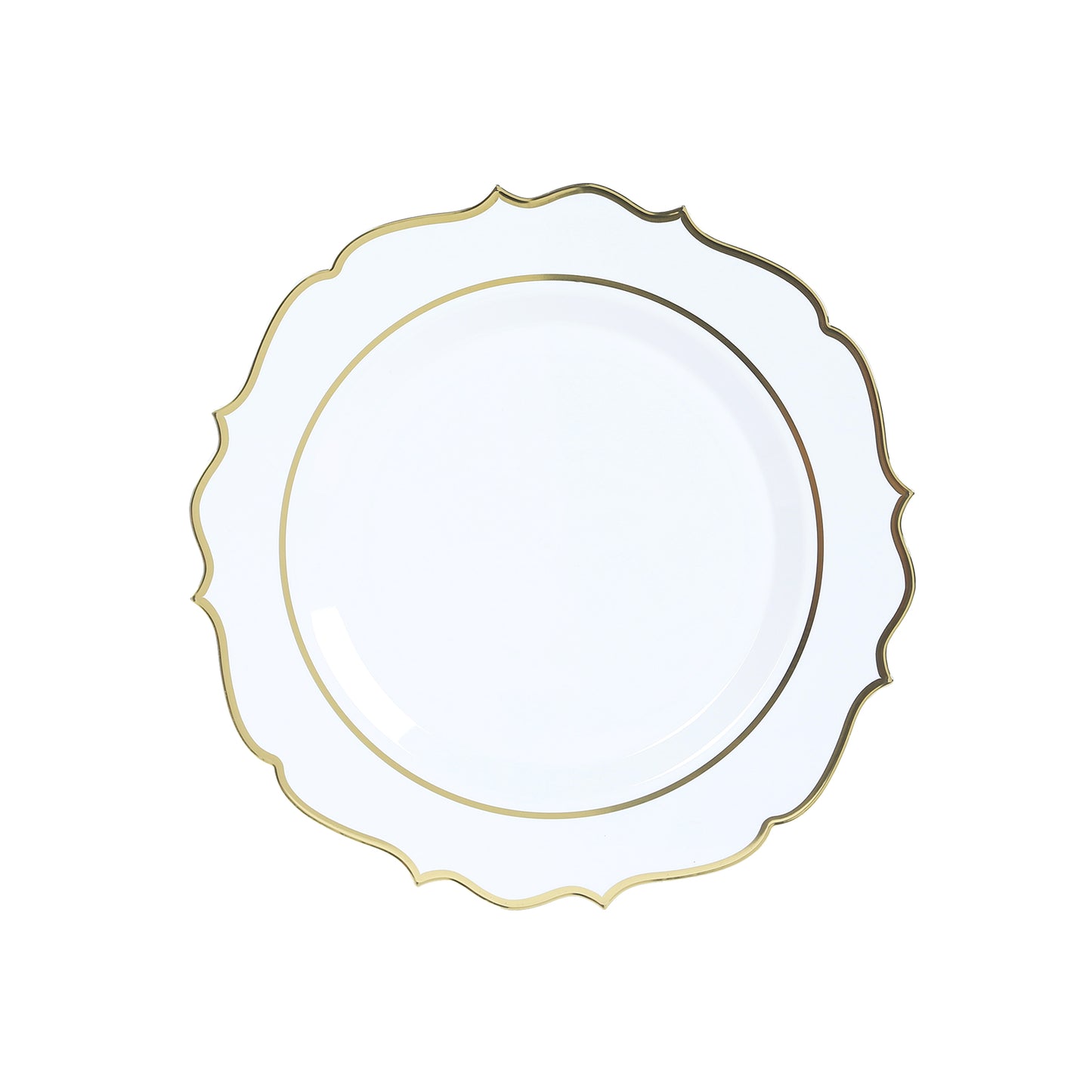 10 Pack White Economy Plastic Charger Plates With Gold Scalloped Rim, 13" Round Decorative Dinner Chargers Event Tabletop Decor