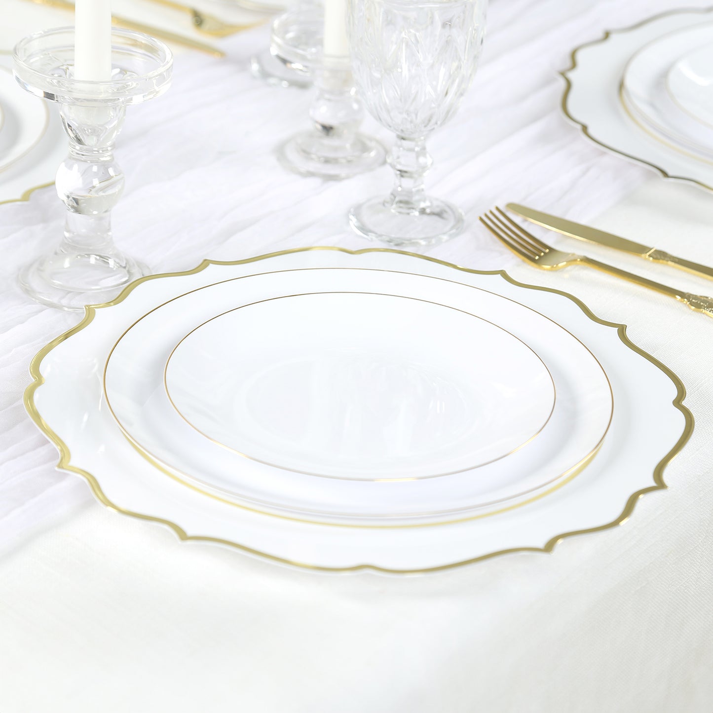 10 Pack White Economy Plastic Charger Plates With Gold Scalloped Rim, 13" Round Decorative Dinner Chargers Event Tabletop Decor