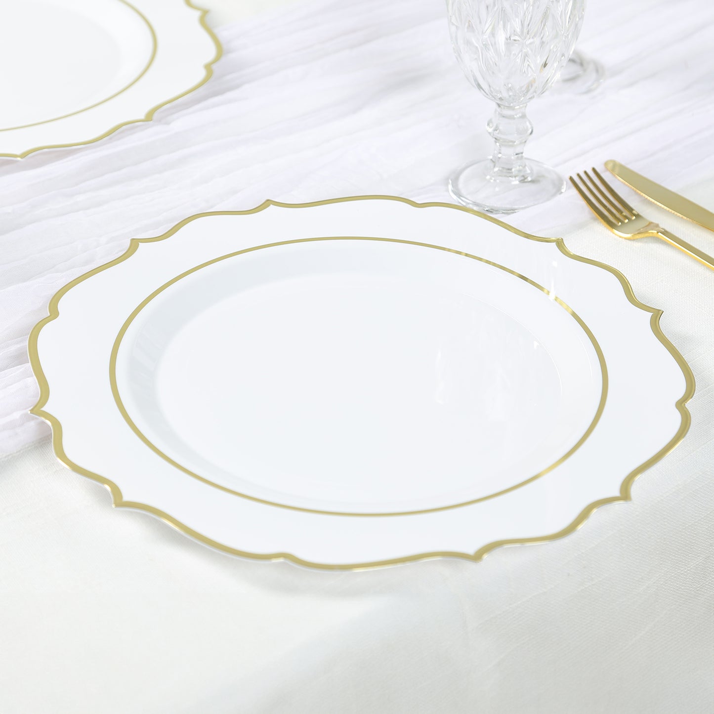 10 Pack White Economy Plastic Charger Plates With Gold Scalloped Rim, 13" Round Decorative Dinner Chargers Event Tabletop Decor