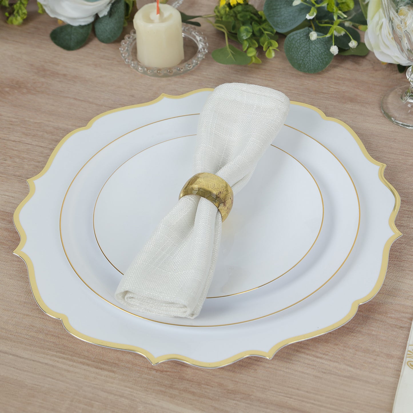 10 Pack White Economy Plastic Charger Plates With Gold Scalloped Rim, 13" Round Decorative Dinner Chargers Event Tabletop Decor