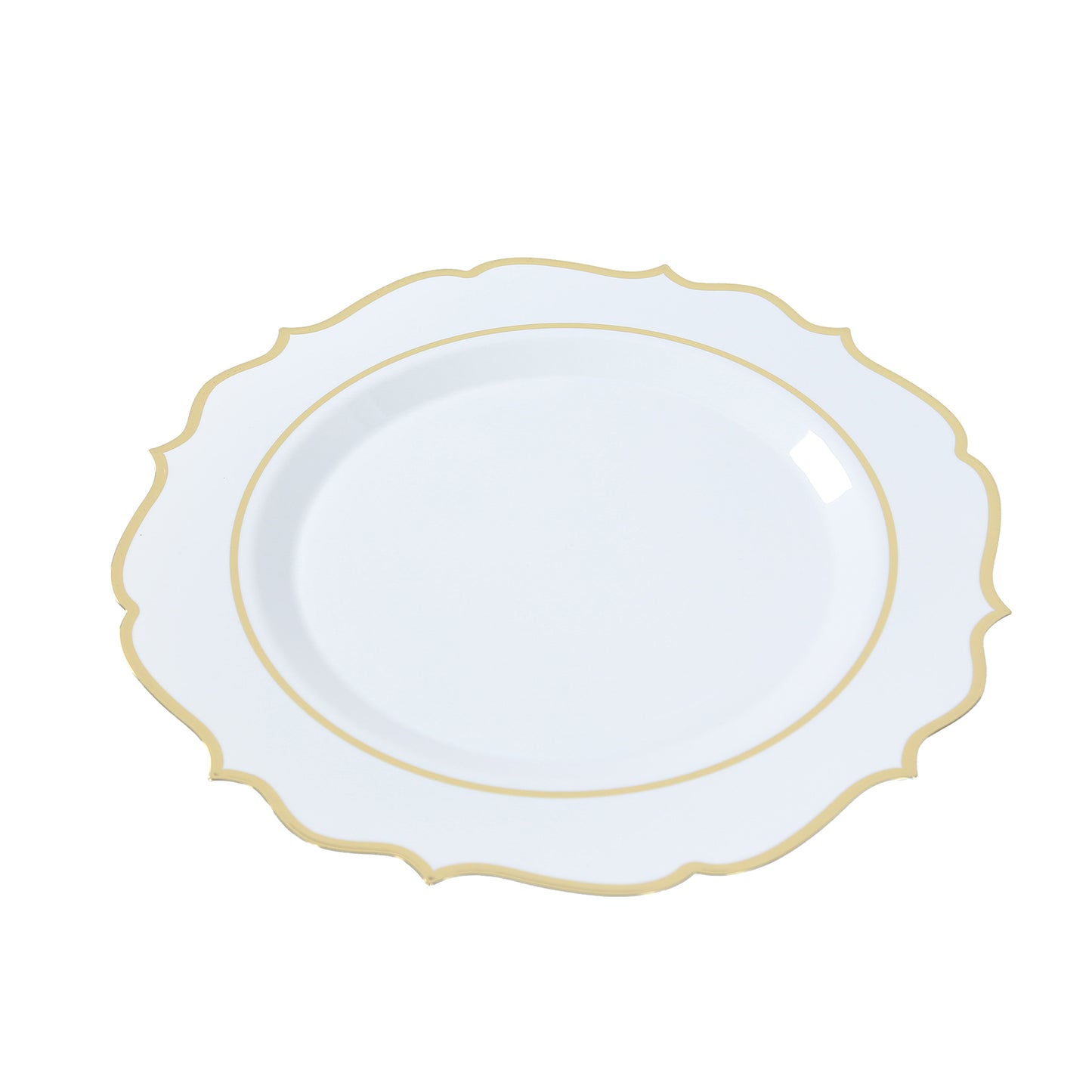 10 Pack White Economy Plastic Charger Plates With Gold Scalloped Rim, 13" Round Decorative Dinner Chargers Event Tabletop Decor
