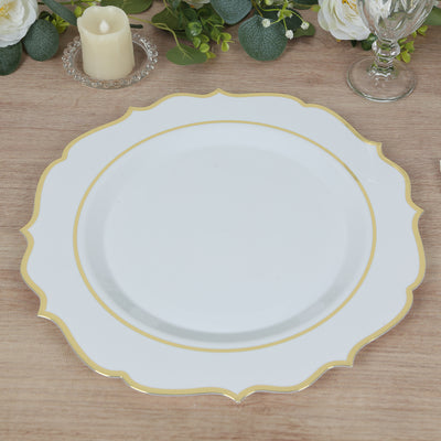 Exquisite White Plastic Charger Plates with a Gold Scalloped Rim