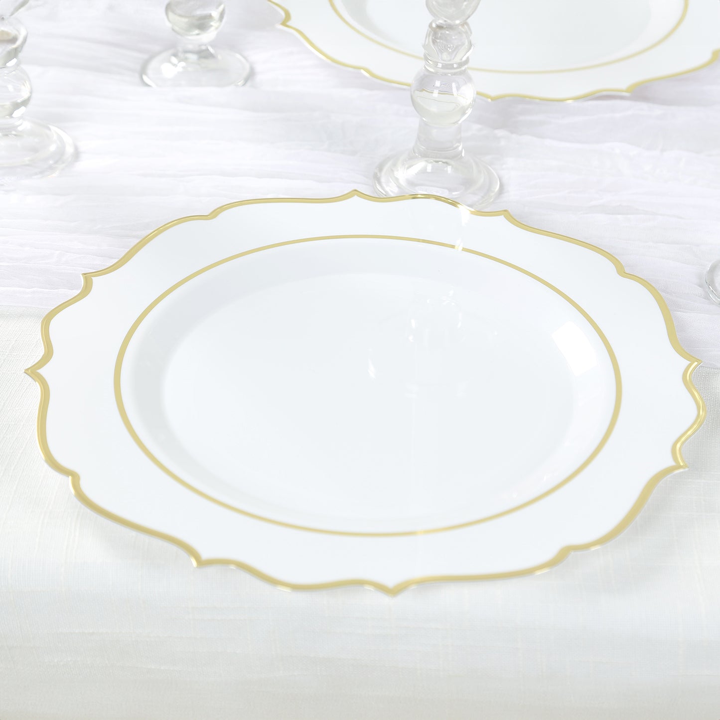 10 Pack White Economy Plastic Charger Plates With Gold Scalloped Rim, 13" Round Decorative Dinner Chargers Event Tabletop Decor