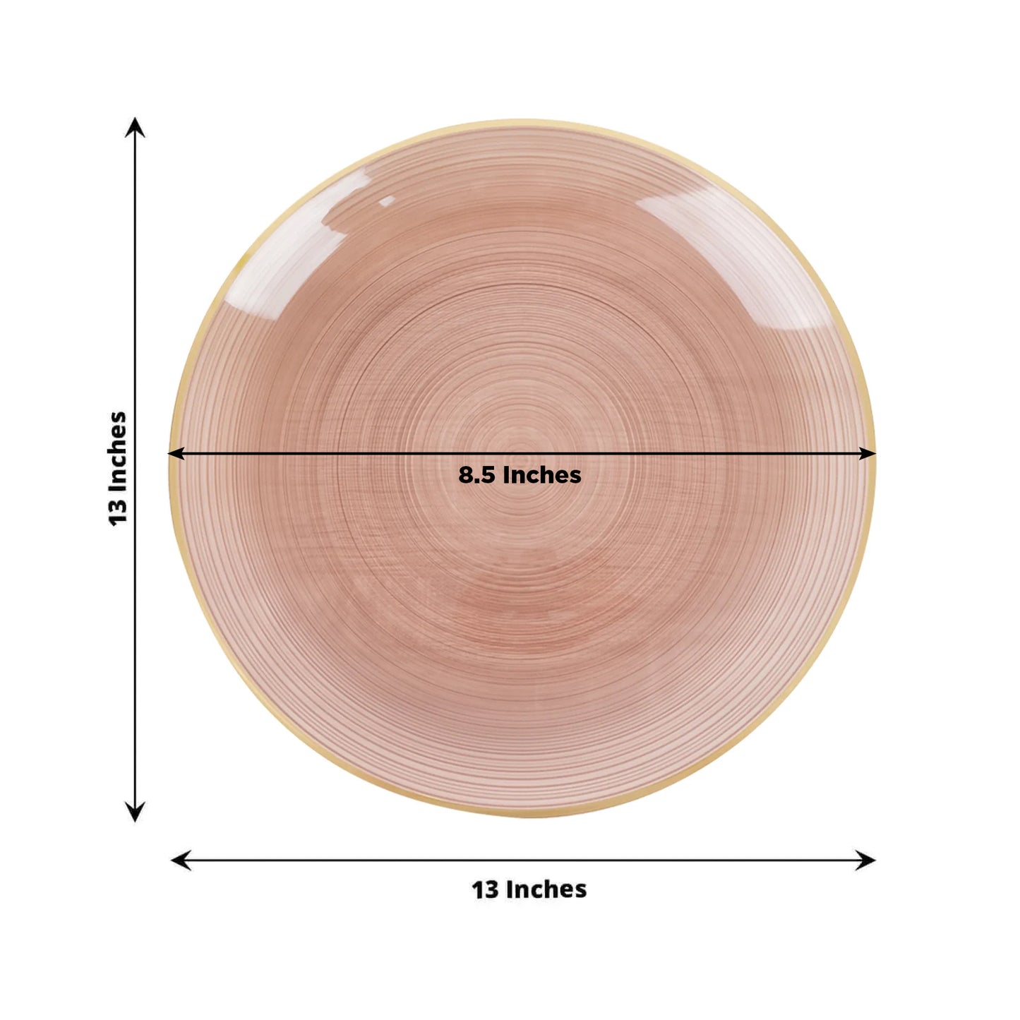 Transparent dusty rose swirl charger plate with gold rim. 13 inches. 20 pack.