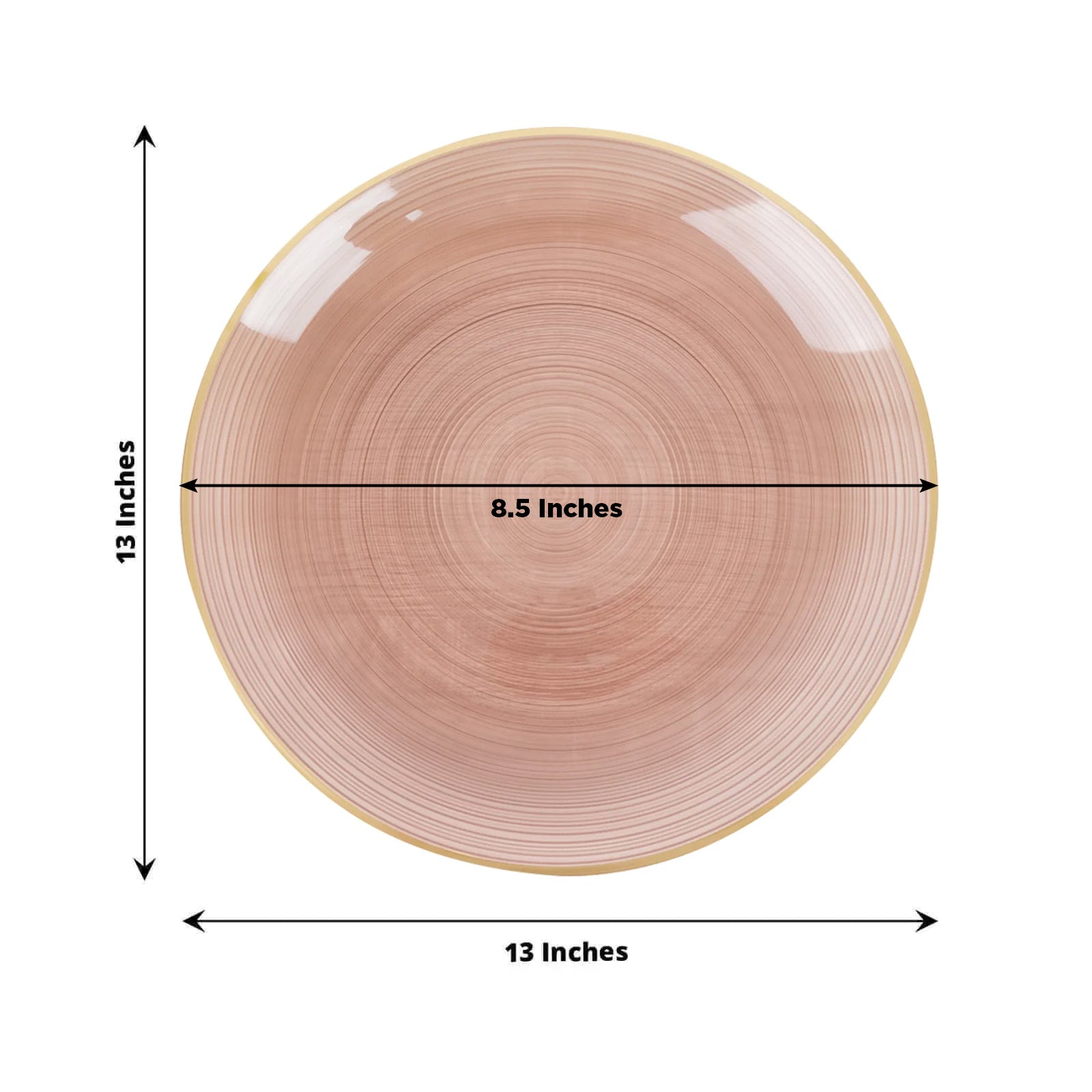 Transparent dusty rose swirl charger plate with gold rim. 13 inches. 20 pack.