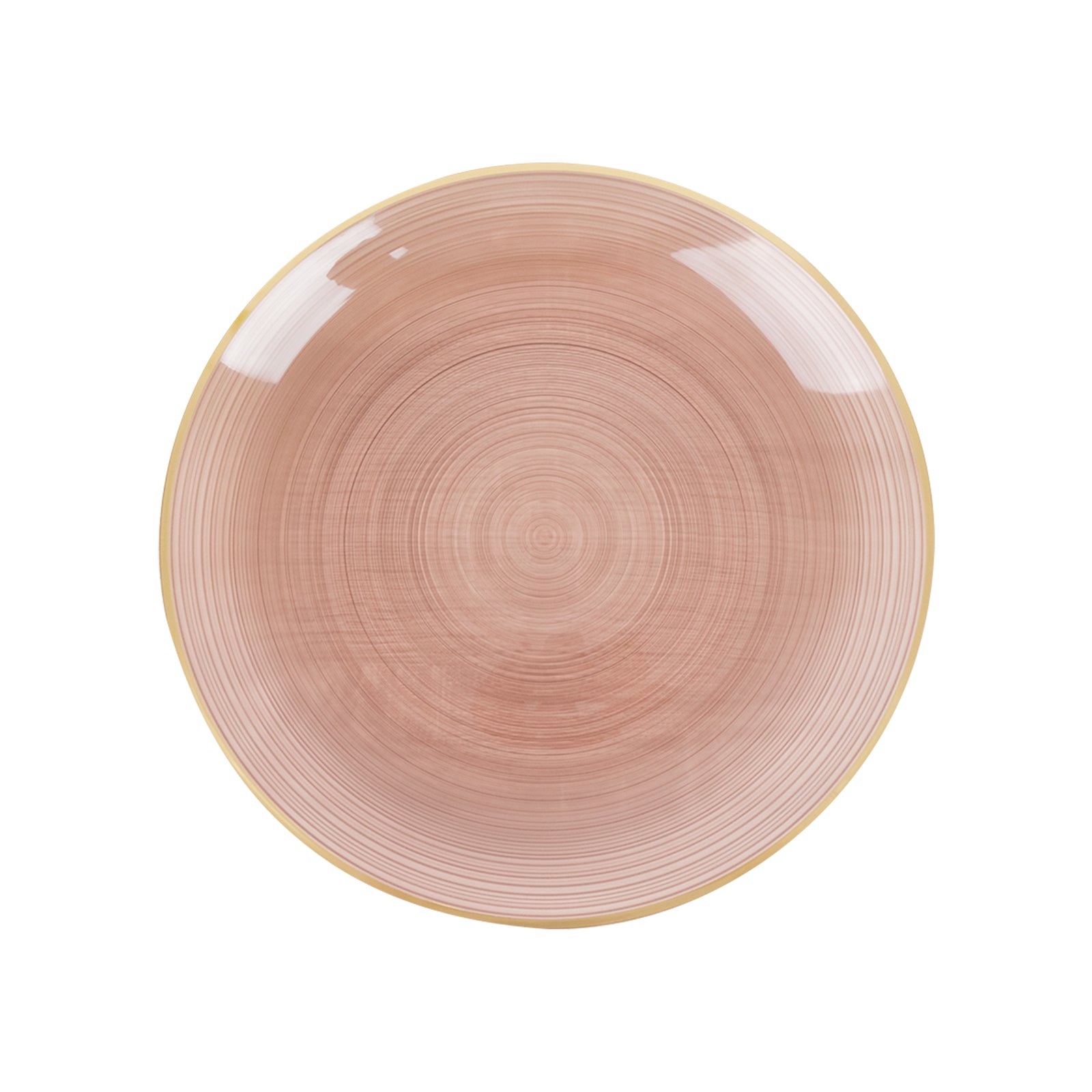 Transparent dusty rose swirl charger plate with gold rim.