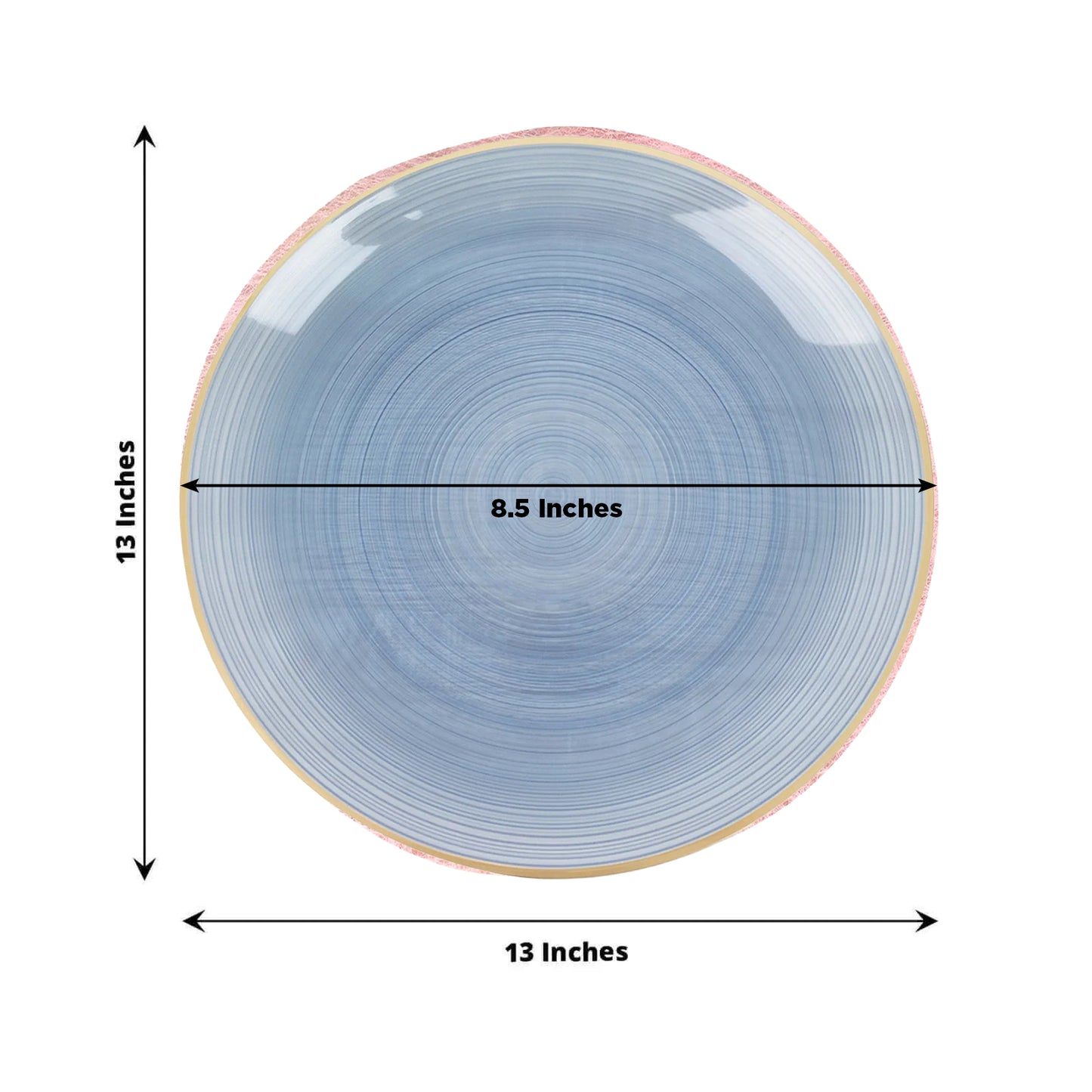 Transparent dusty blue swirl charger plate with gold rim, 13 inches.