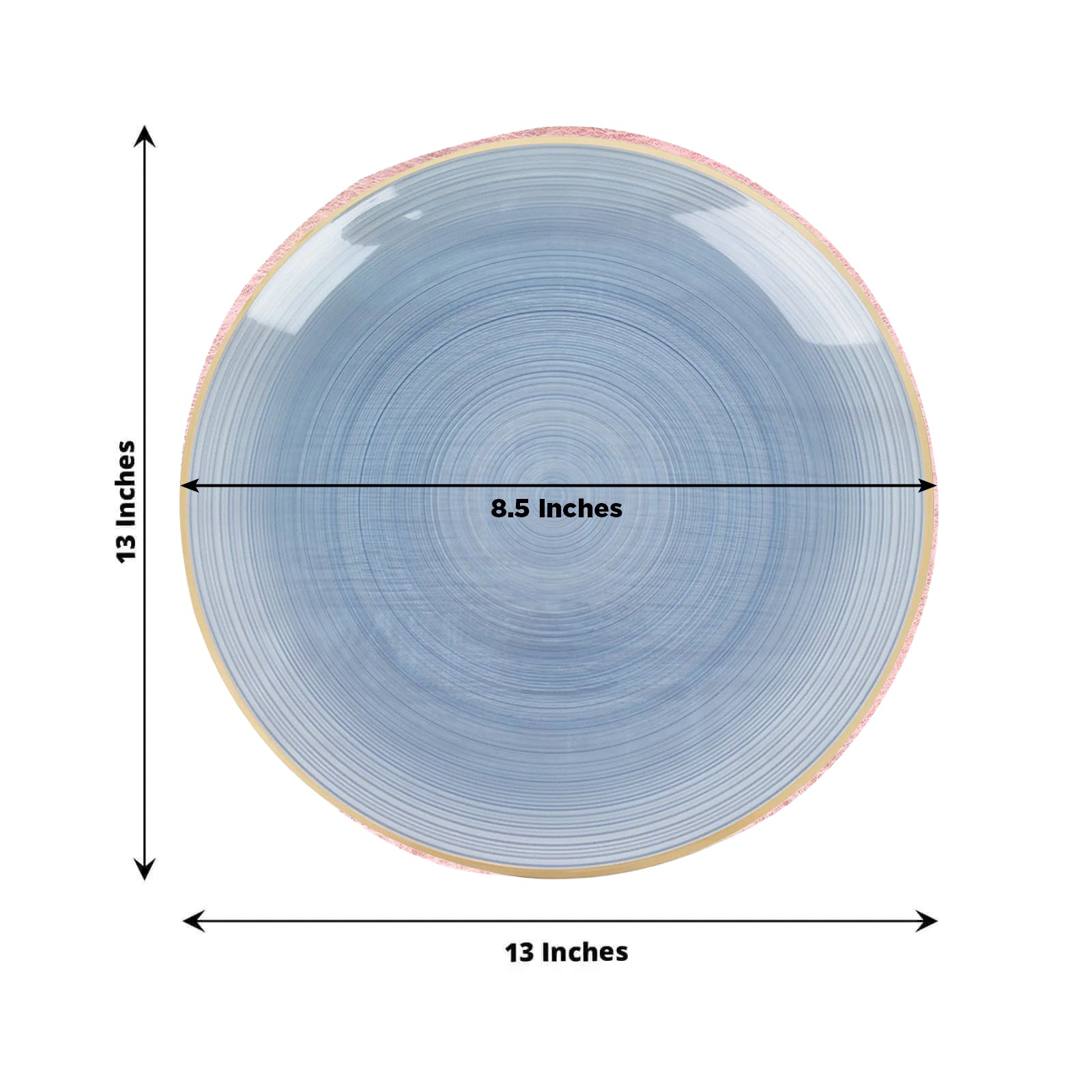 Transparent dusty blue swirl charger plate with gold rim, 13 inches.