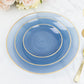 Transparent dusty blue swirl charger plate with gold rim.