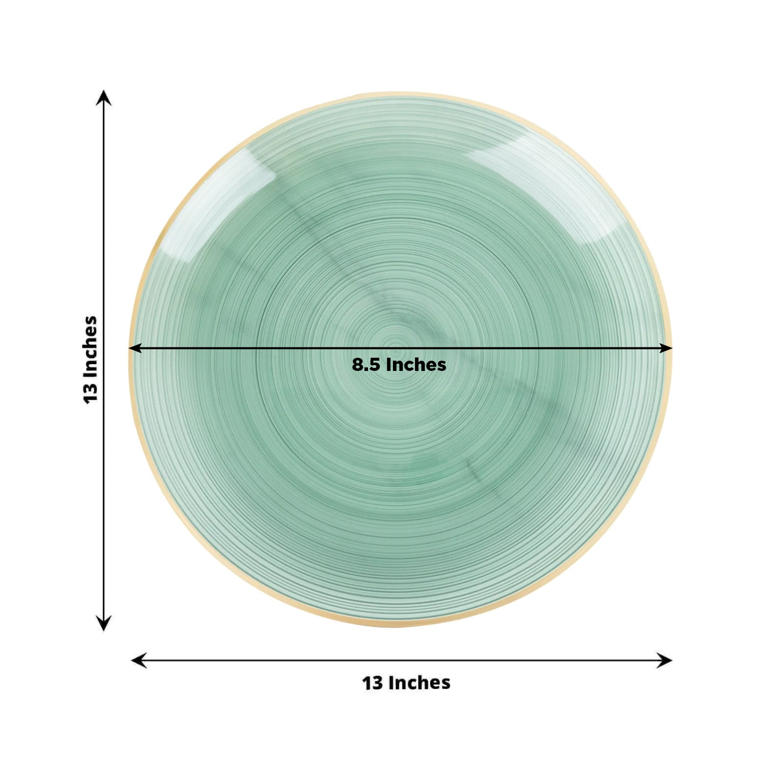 Transparent dusty sage green swirl charger plate with gold rim.