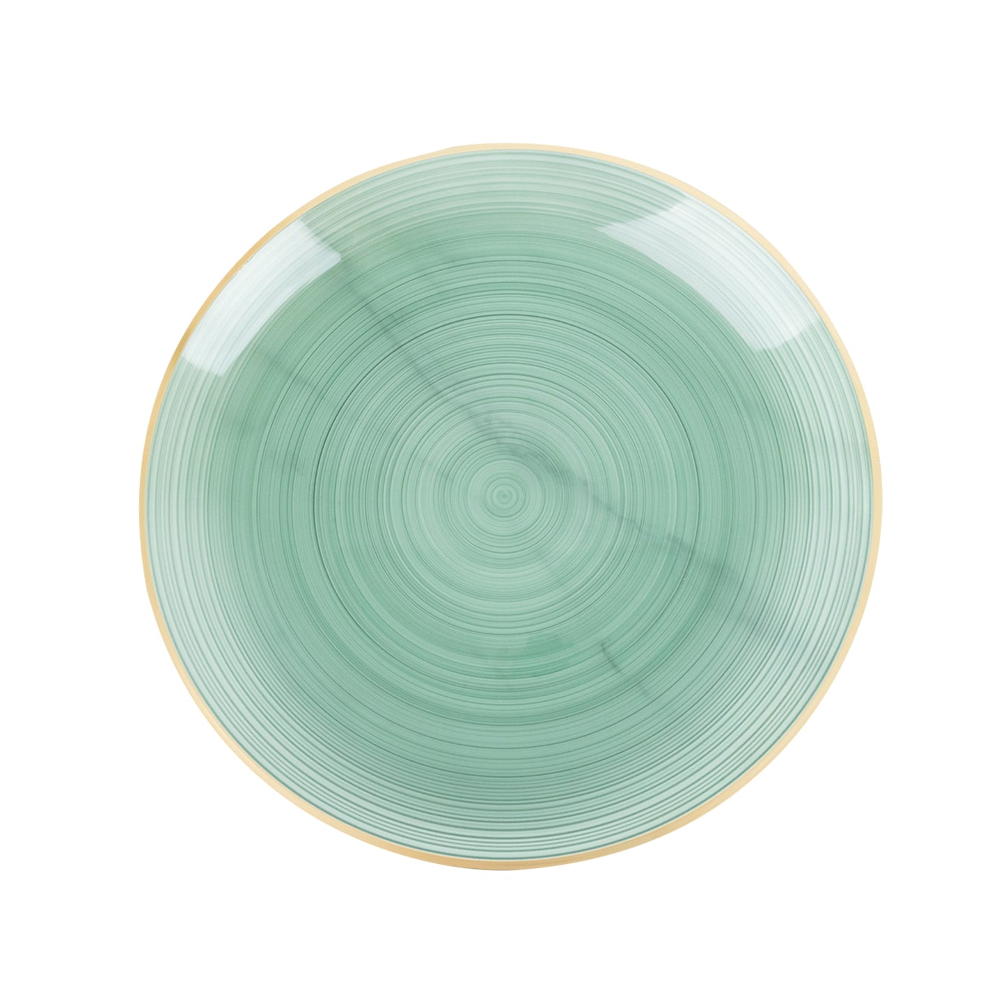 Transparent dusty sage green swirl charger plate with gold rim.