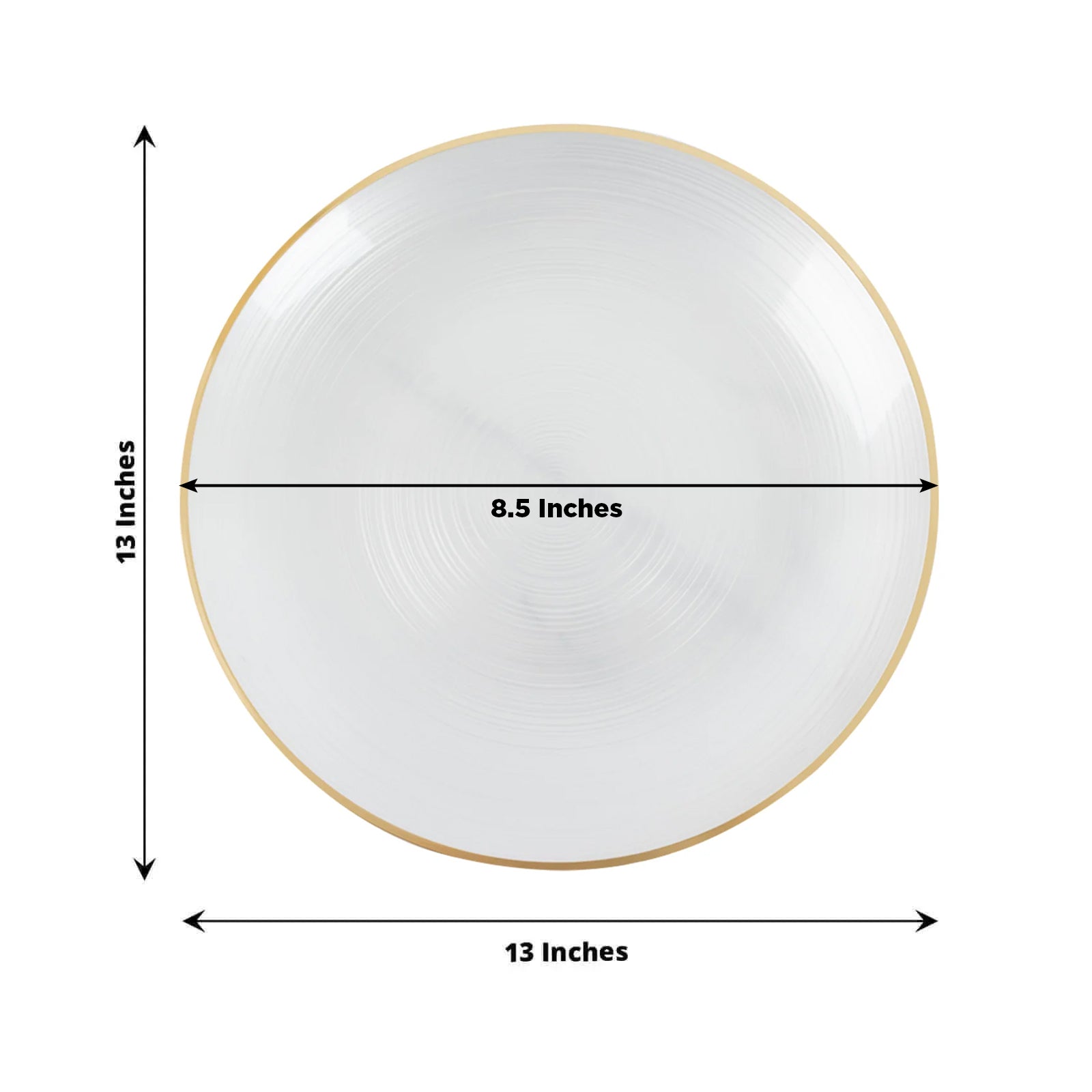 Transparent pearl white swirl charger plate with gold rim.