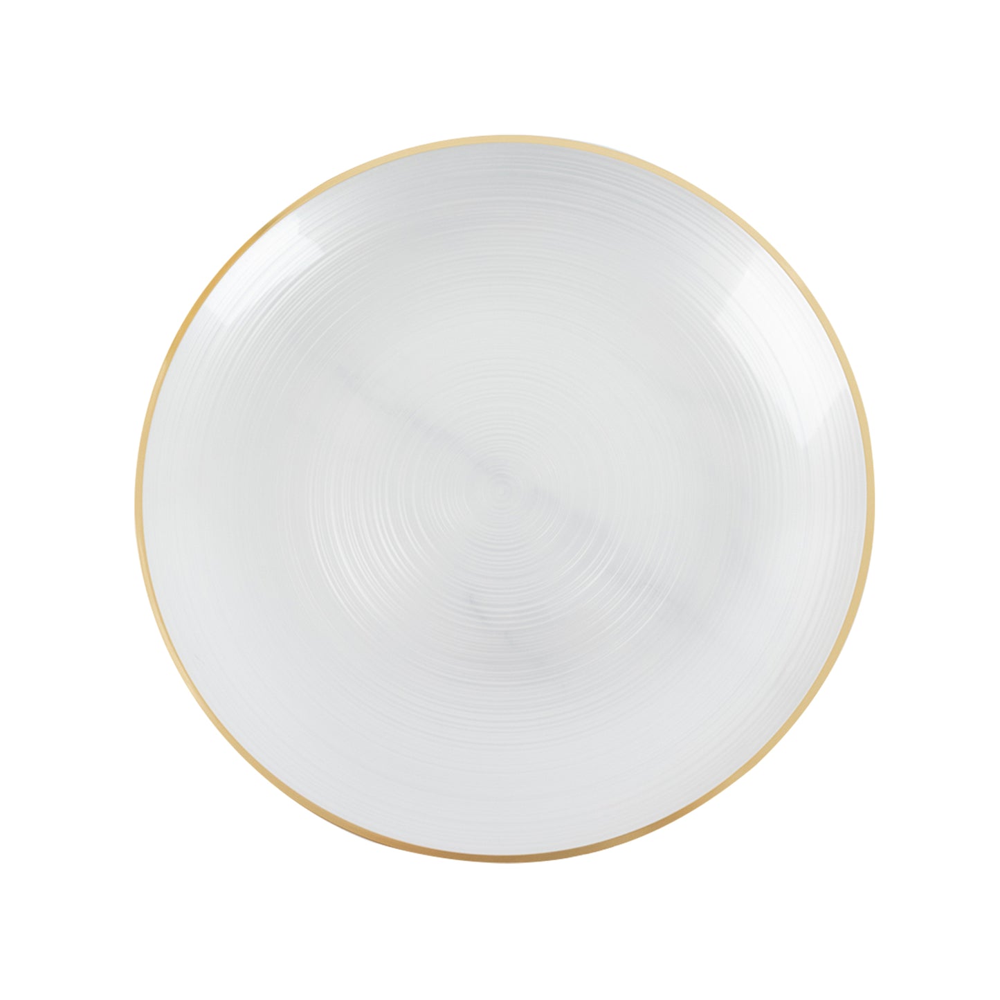 Transparent pearl white swirl charger plate with gold rim.