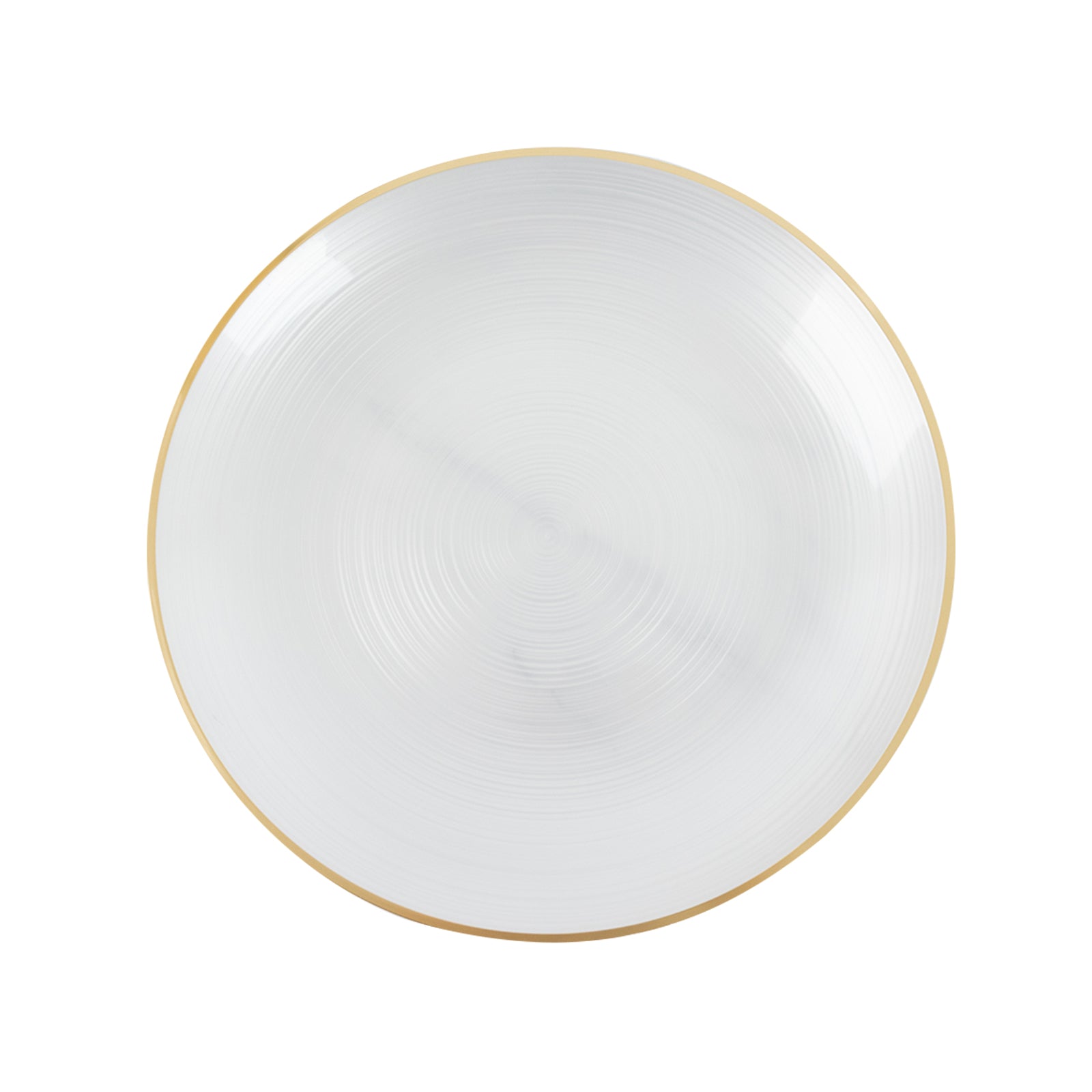 Transparent pearl white swirl charger plate with gold rim.