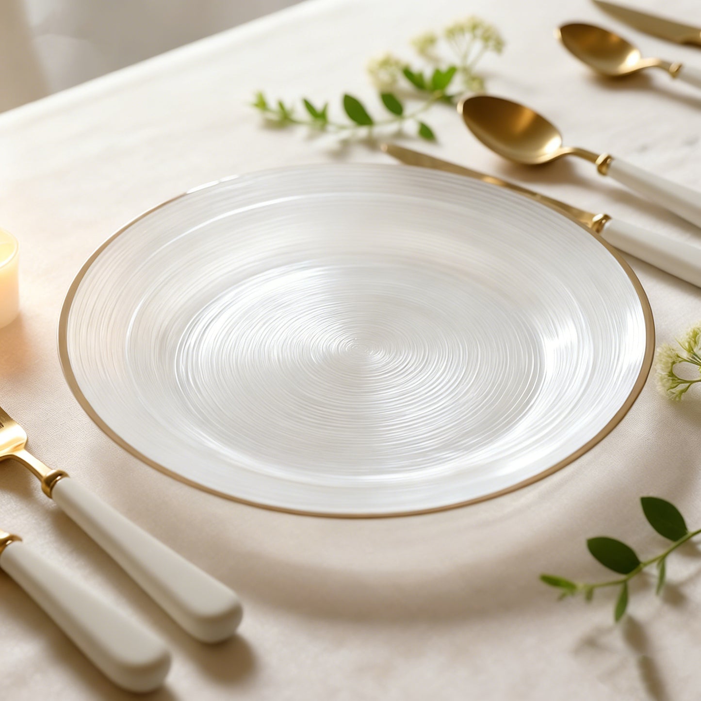 Transparent pearl white swirl charger plate with gold rim.