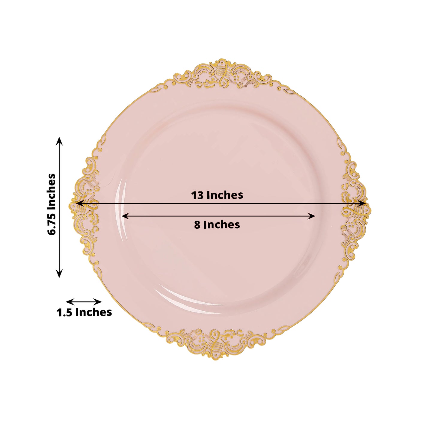 20-Pack Economy Plastic Round Charger Plates 13" in Blush with Gold Embossed Baroque Rim, Stylish Dinner Party Serving Plates