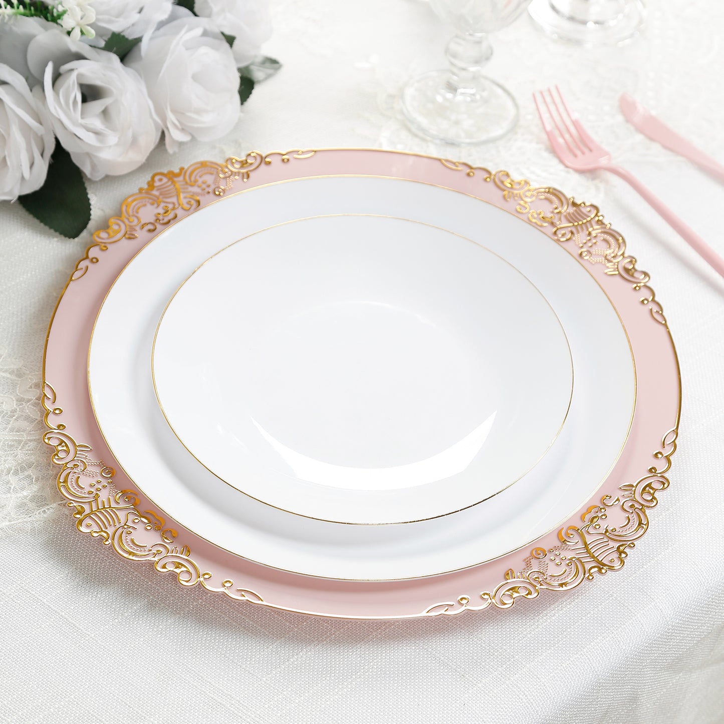 20-Pack Economy Plastic Round Charger Plates 13" in Blush with Gold Embossed Baroque Rim, Stylish Dinner Party Serving Plates