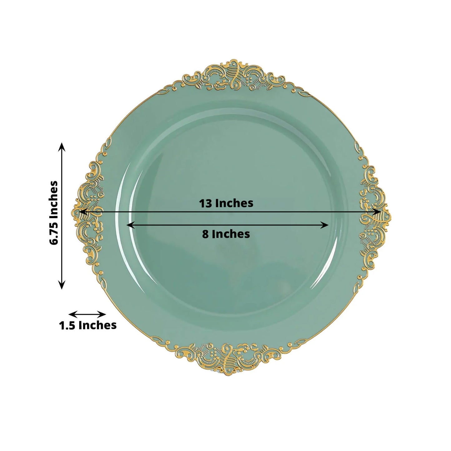 20-Pack Economy Plastic Round Charger Plates 13" in Dusty Sage Green with Gold Embossed Baroque Rim, Stylish Dinner Party Serving Plates