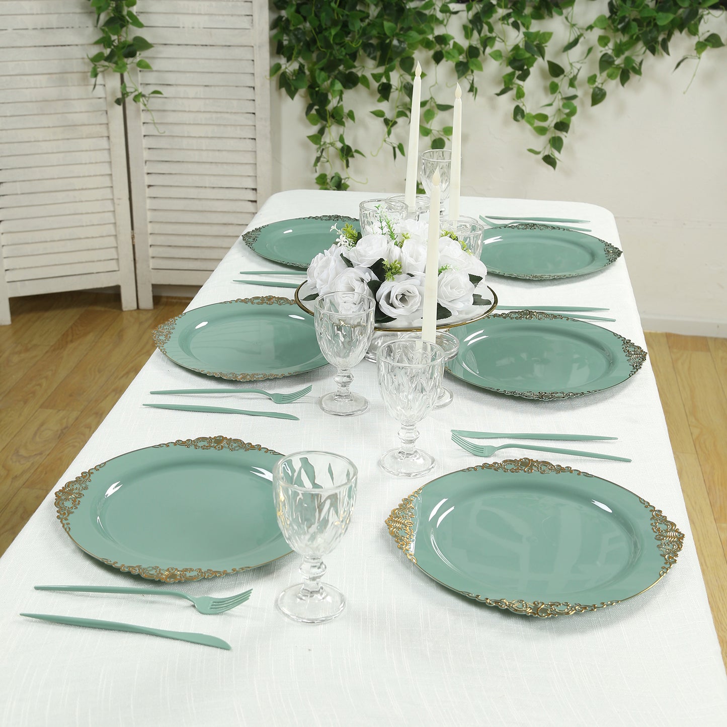 20-Pack Economy Plastic Round Charger Plates 13" in Dusty Sage Green with Gold Embossed Baroque Rim, Stylish Dinner Party Serving Plates