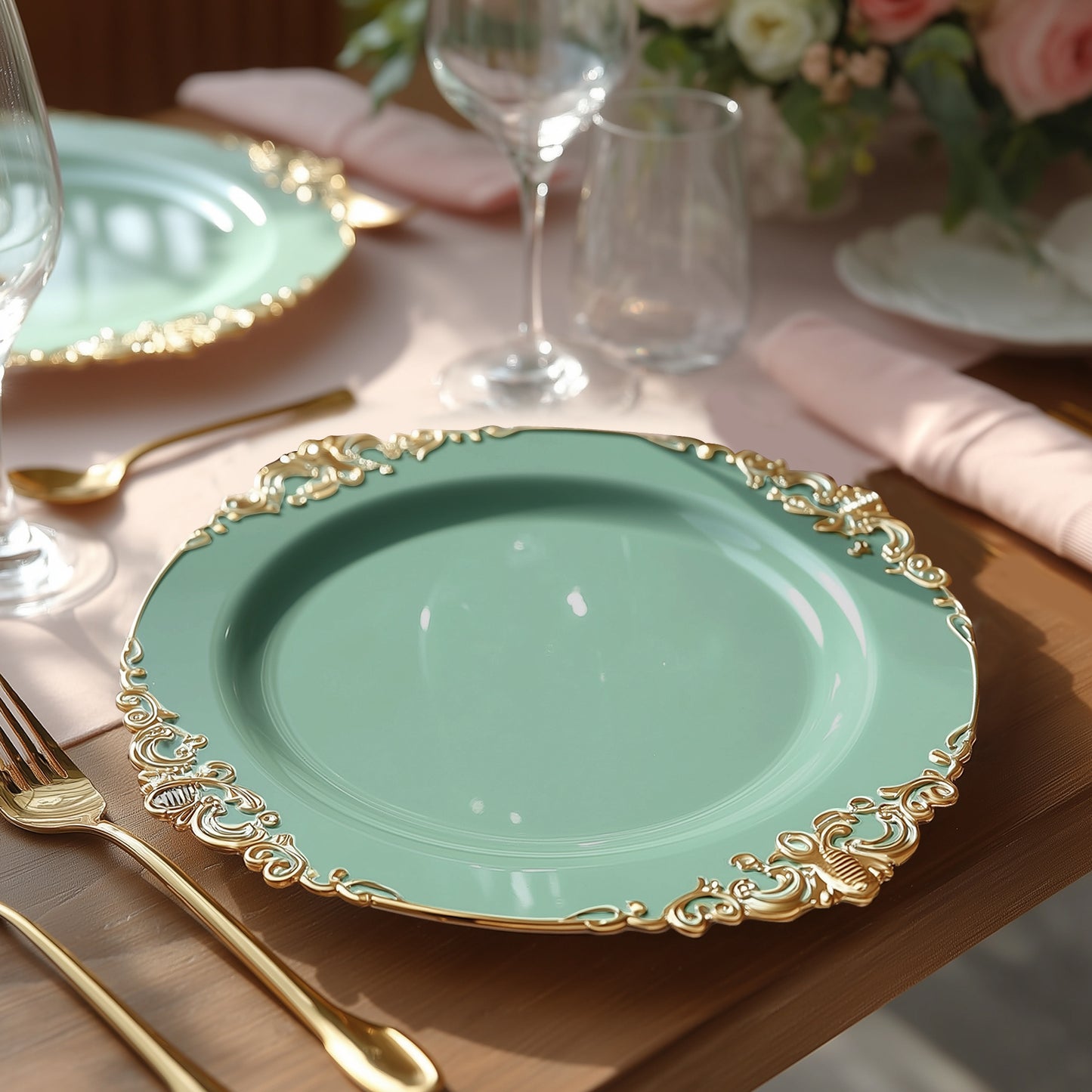 20-Pack Economy Plastic Round Charger Plates 13" in Dusty Sage Green with Gold Embossed Baroque Rim, Stylish Dinner Party Serving Plates