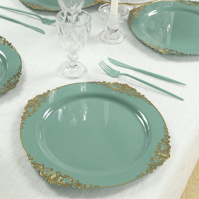 20-Pack Economy Plastic Charger Plates 13" Round Dusty Sage Green with Gold Embossed Baroque Rim