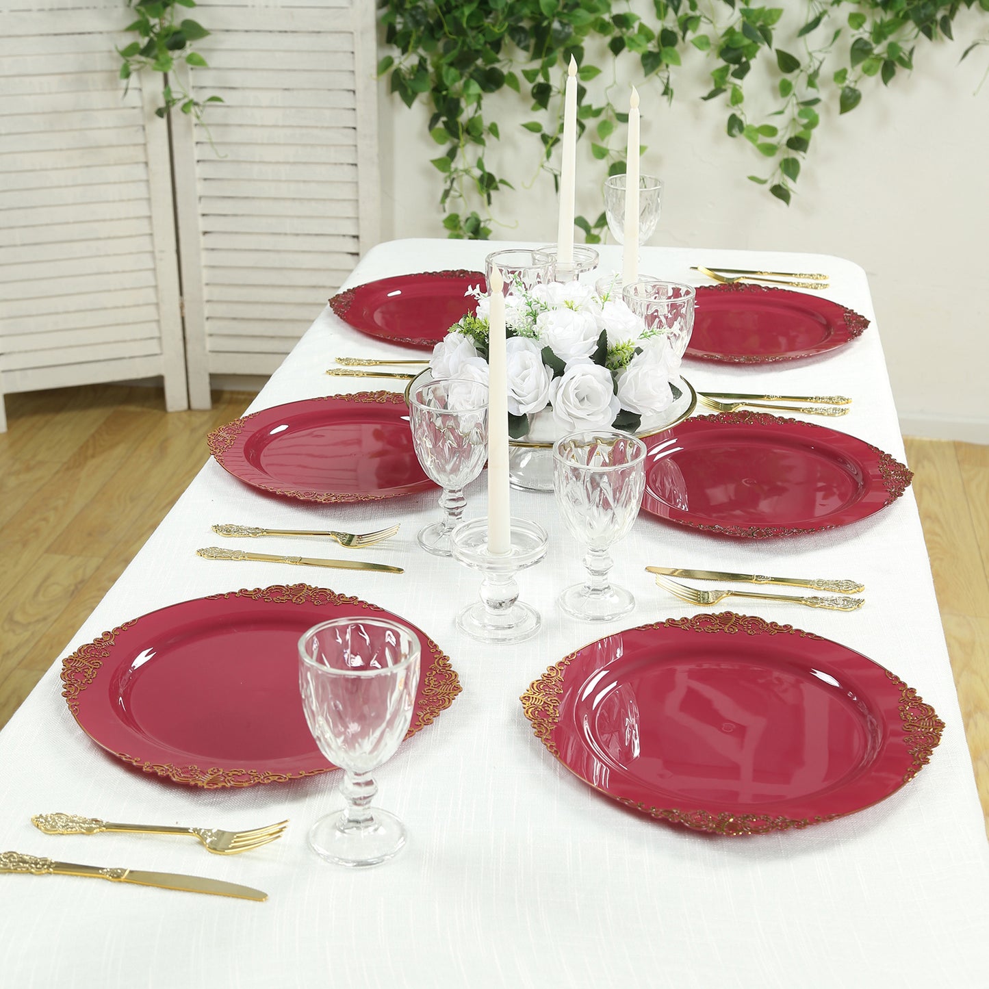 20-Pack Economy Plastic Round Charger Plates 13" in Burgundy with Gold Embossed Baroque Rim, Stylish Dinner Party Serving Plates