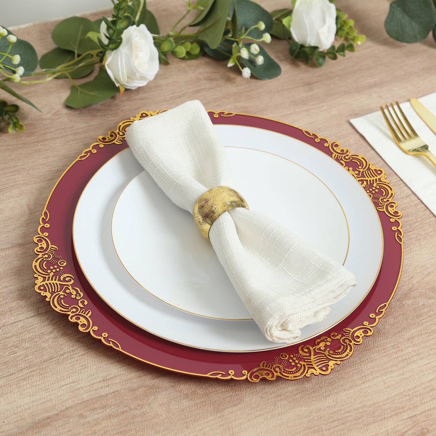 20-Pack Economy Plastic Round Charger Plates 13" in Burgundy with Gold Embossed Baroque Rim, Stylish Dinner Party Serving Plates