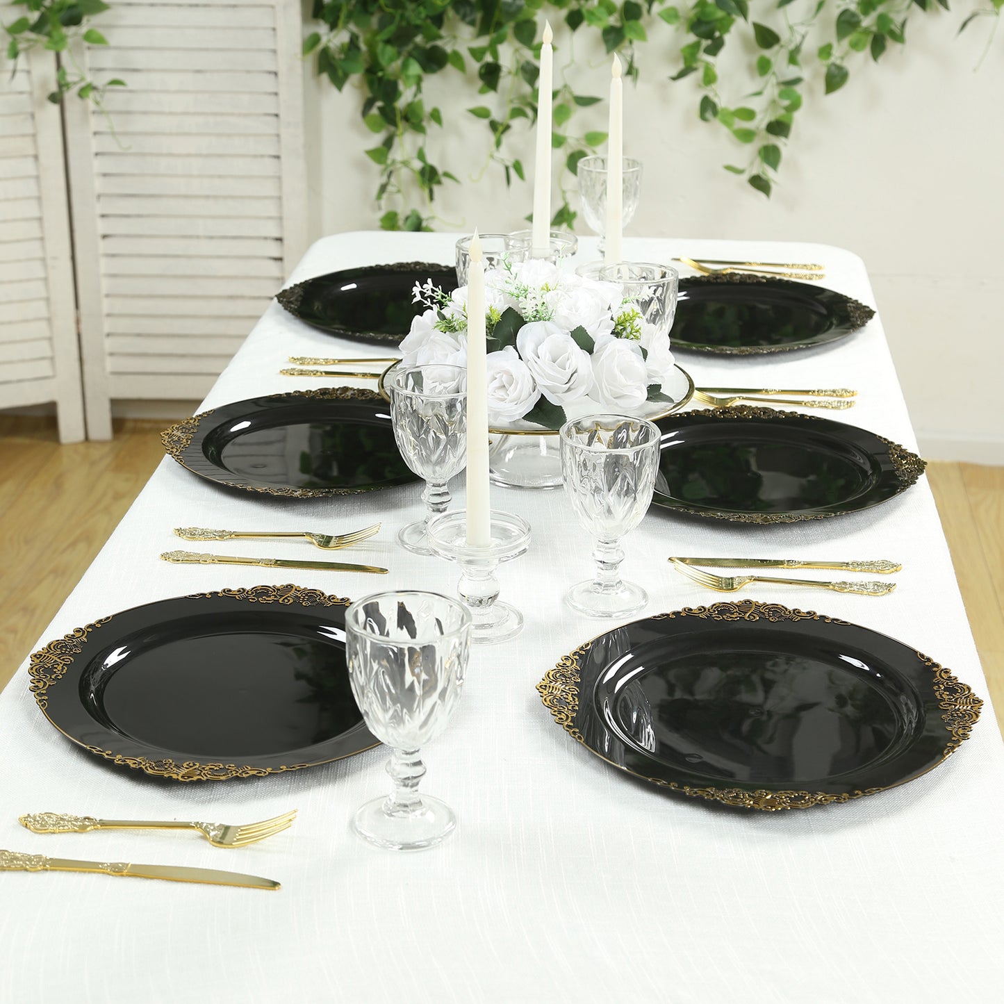 20-Pack Economy Plastic Round Charger Plates 13" in Black with Gold Embossed Baroque Rim, Stylish Dinner Party Serving Plates