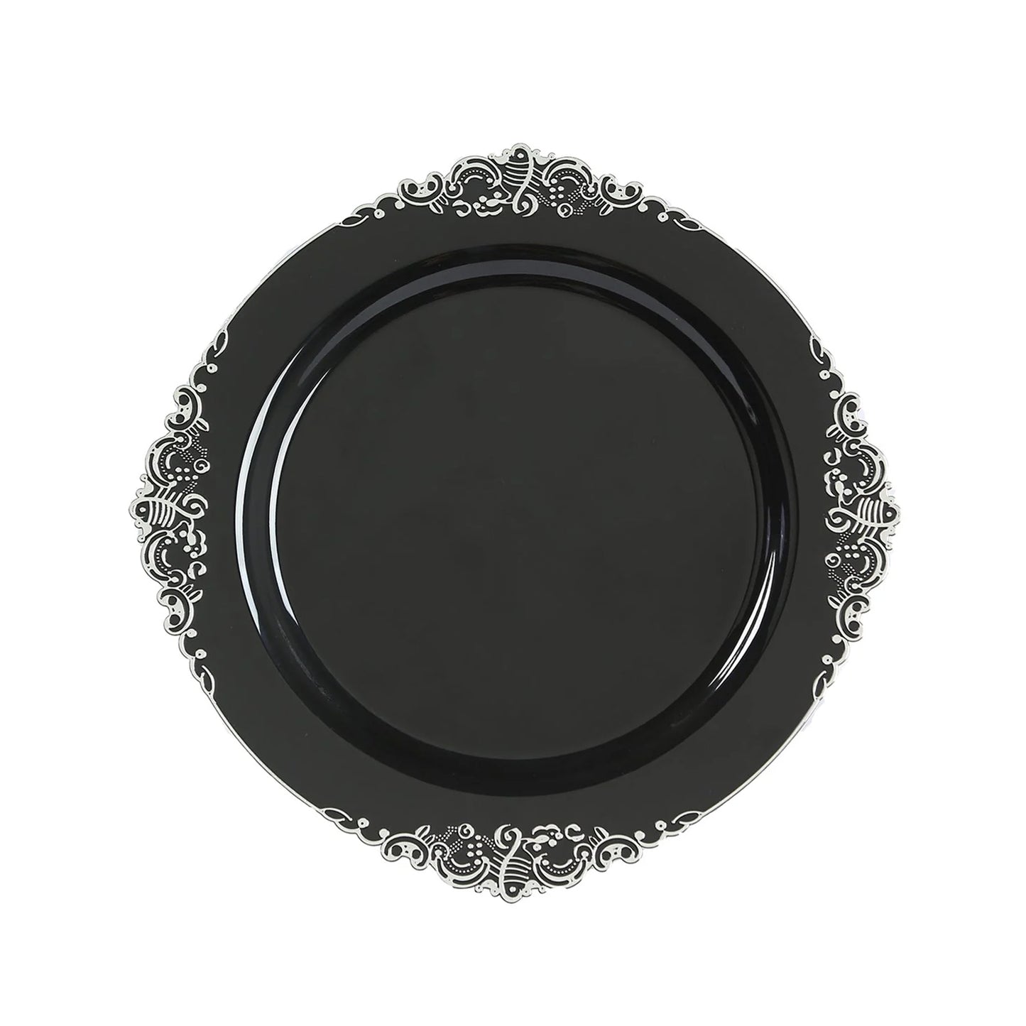 20-Pack Economy Plastic Round Charger Plates 13" in Black with Silver Embossed Baroque Rim, Stylish Dinner Party Serving Plates