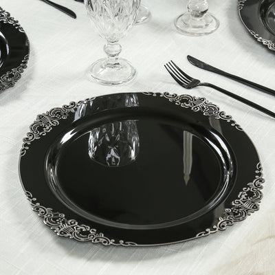 20-Pack Economy Plastic Charger Plates 13" Round Black with Silver Embossed Baroque Rim