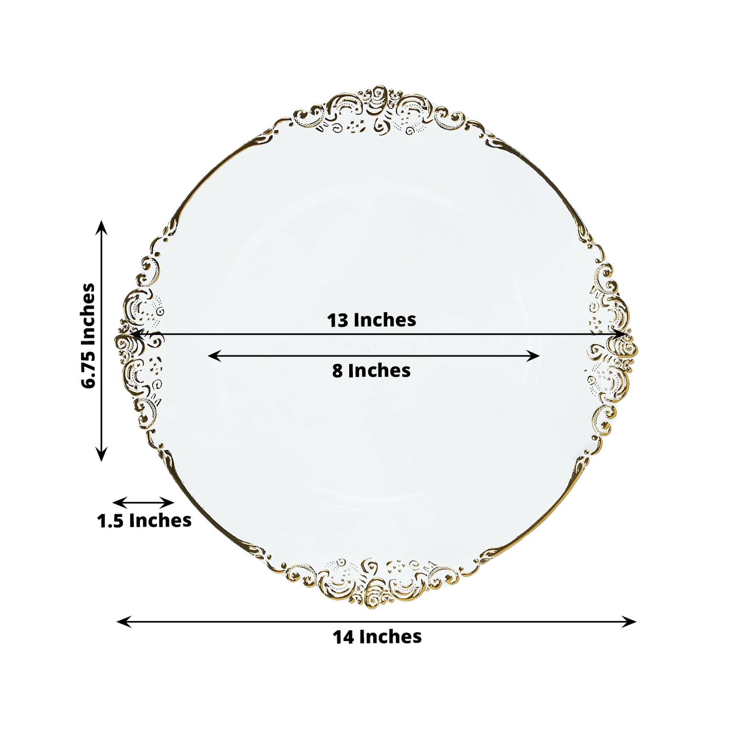 20 Pack Clear Gold Economy Plastic Serving Plates with Embossed Baroque Rim, 13" Round Decorative Charger Plates