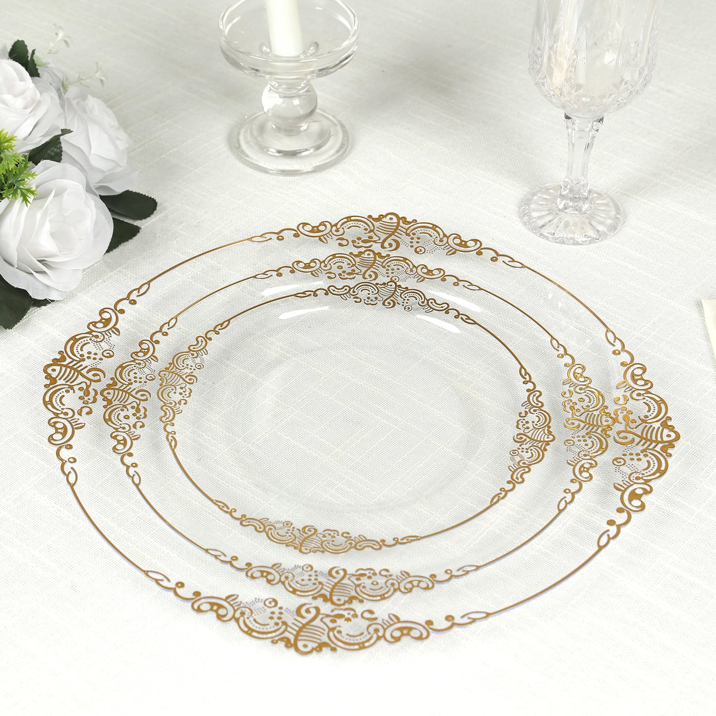 20 Pack Clear Gold Economy Plastic Serving Plates with Embossed Baroque Rim, 13" Round Decorative Charger Plates