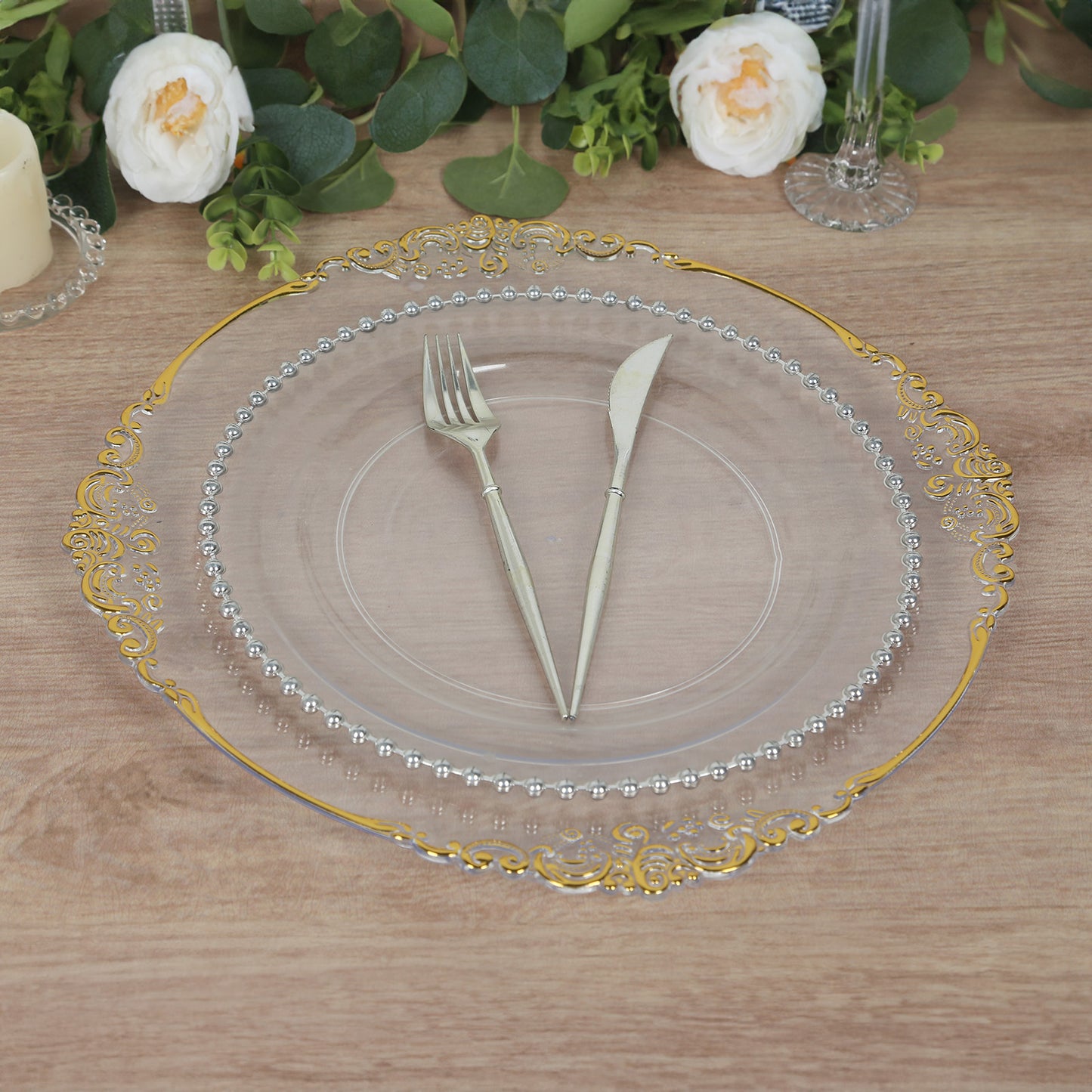 20 Pack Clear Gold Economy Plastic Serving Plates with Embossed Baroque Rim, 13" Round Decorative Charger Plates