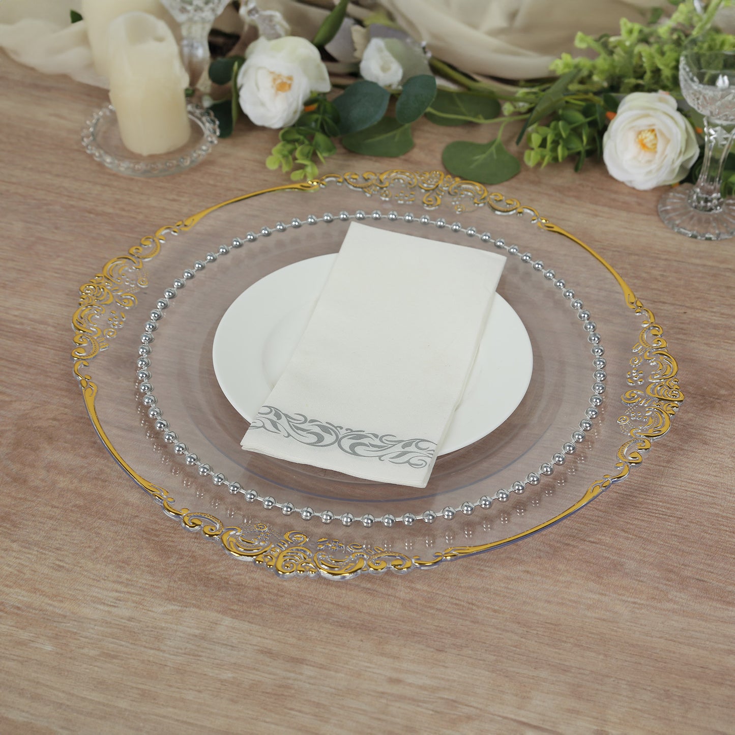 20 Pack Clear Gold Economy Plastic Serving Plates with Embossed Baroque Rim, 13" Round Decorative Charger Plates