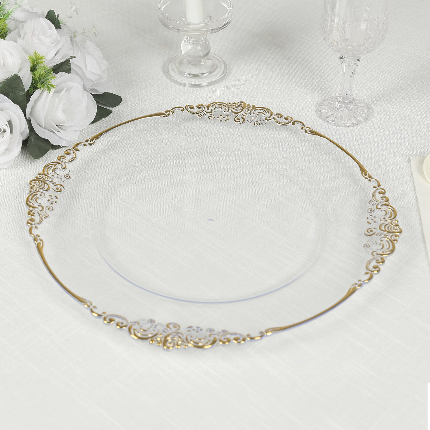 20 Pack Clear Gold Economy Plastic Serving Plates with Embossed Baroque Rim, 13" Round Decorative Charger Plates