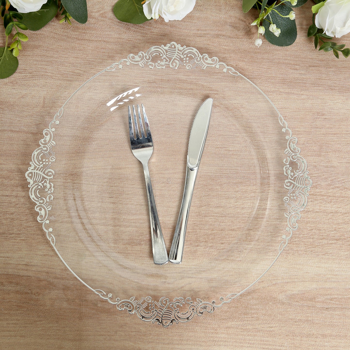 20-Pack Economy Plastic Round Charger Plates 13" in Clear with Silver Embossed Baroque Rim, Stylish Dinner Party Serving Plates