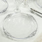 20-Pack Economy Plastic Round Charger Plates 13" in Clear with Silver Embossed Baroque Rim, Stylish Dinner Party Serving Plates