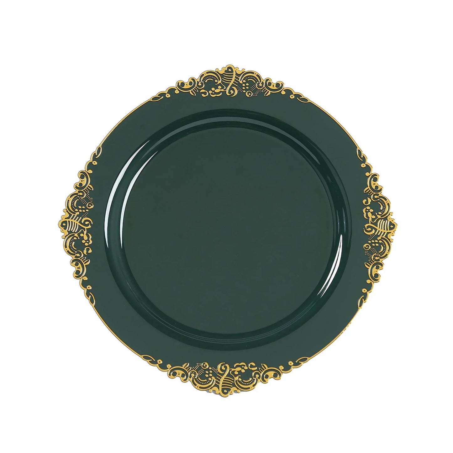 20-Pack Economy Plastic Round Charger Plates 13" in Hunter Emerald Green with Gold Embossed Baroque Rim, Stylish Dinner Party Serving Plates
