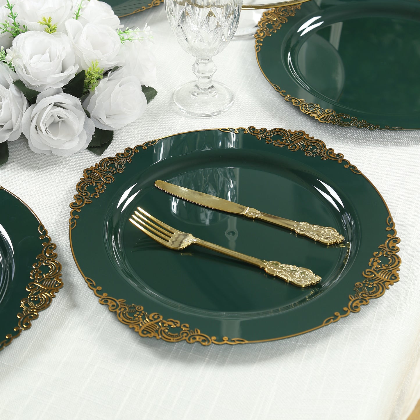 20-Pack Economy Plastic Round Charger Plates 13" in Hunter Emerald Green with Gold Embossed Baroque Rim, Stylish Dinner Party Serving Plates